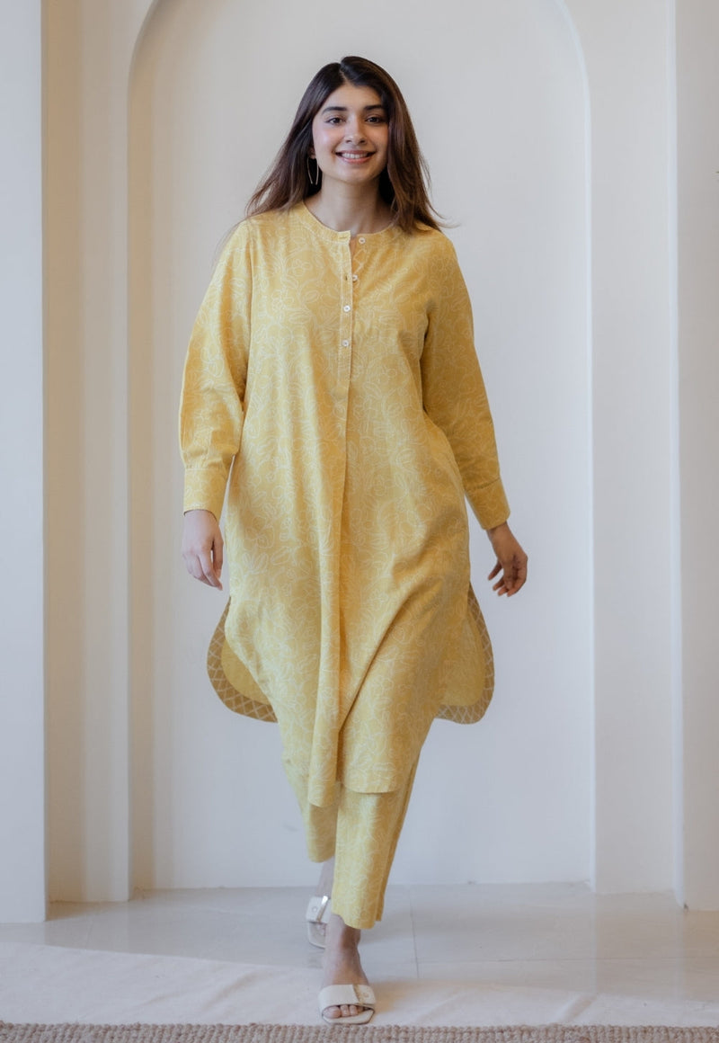 Asma Mustard Hand Block Print Slub Cotton A Line Kurta with Hand Embroidery