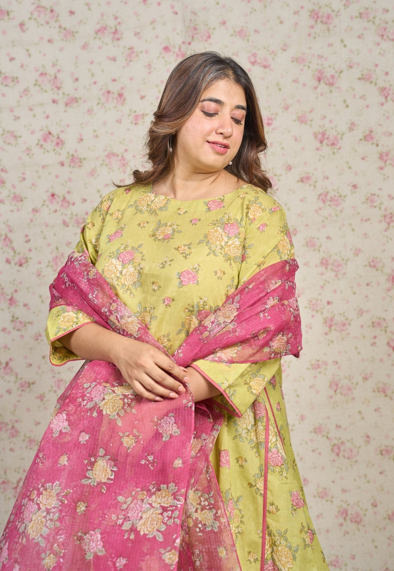 Lily Green Sanganeri Mul Cotton A Line Kurta
