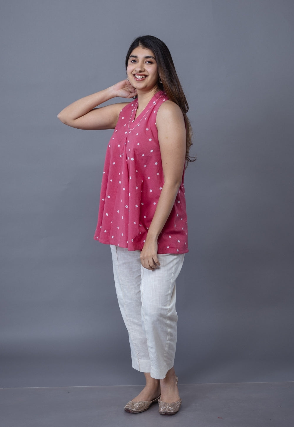 Zivya Pink Bandhani Cotton A Line Short Top