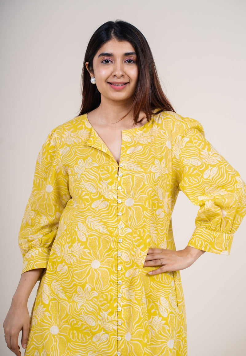 Akira Bright Yellow Printed Mul Straight Kurta