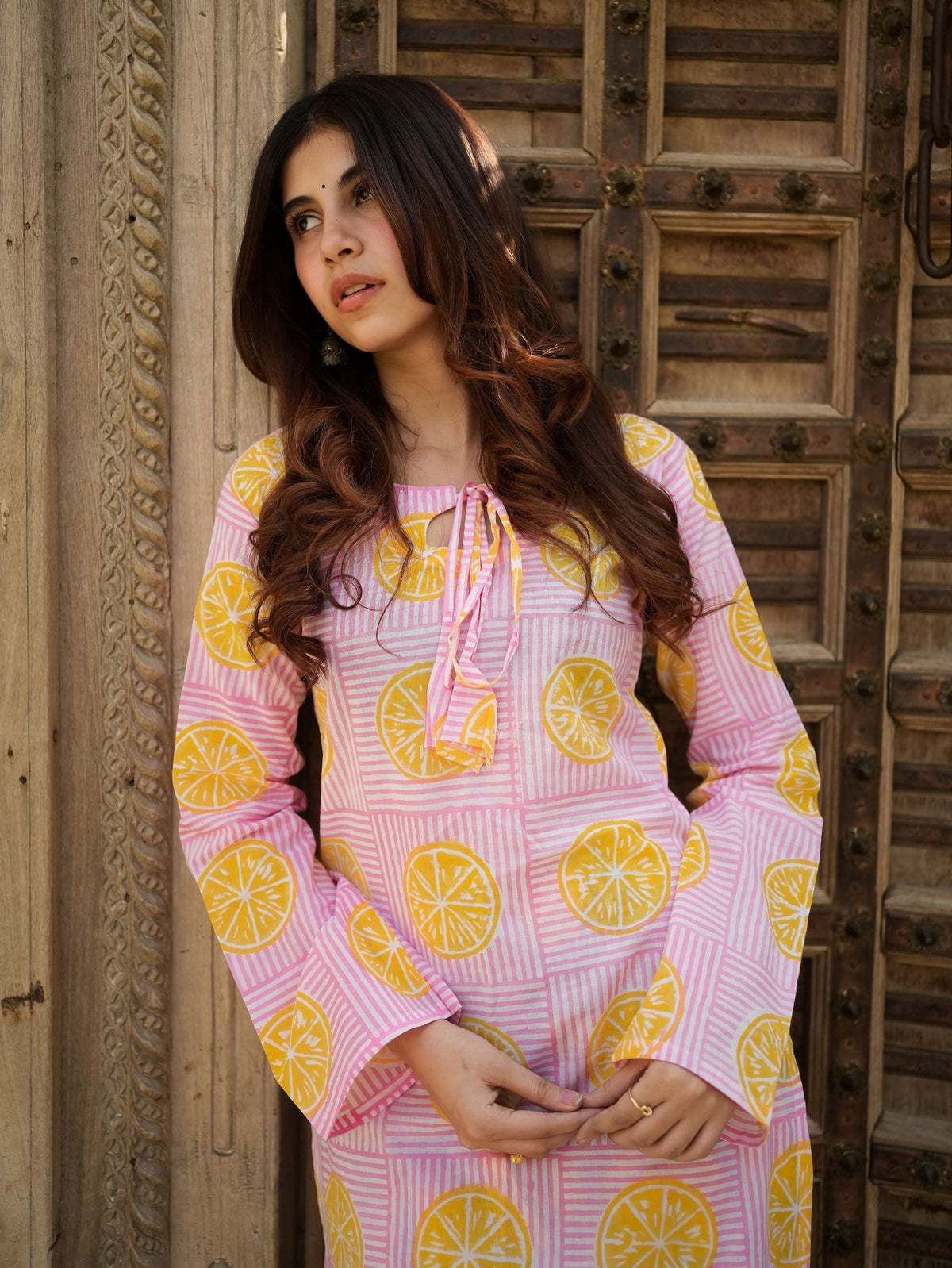 Summer Lemon Sorbet Pink Cotton Kurta Set with Handblock Farshi Salwar