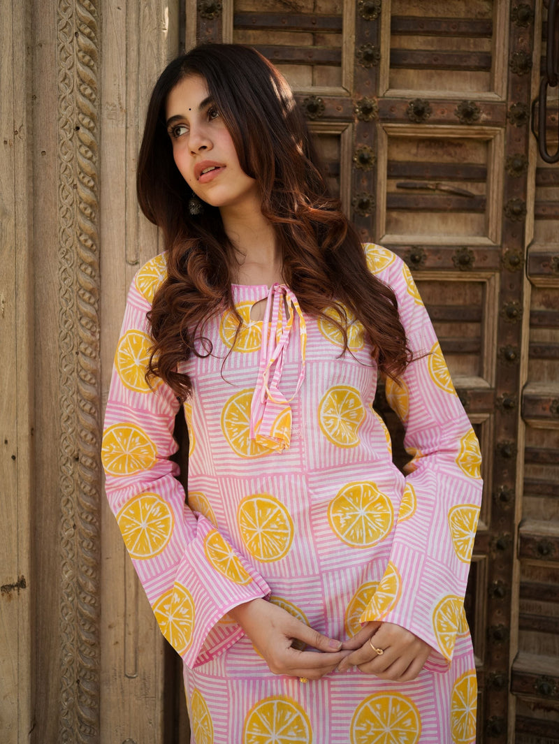 Summer Lemon Sorbet Pink Cotton Kurta Set with Handblock Farshi Salwar
