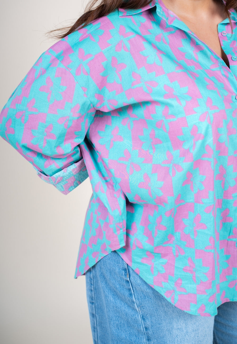 Ruhi Aqua Blue Printed Cotton Straight Shirt