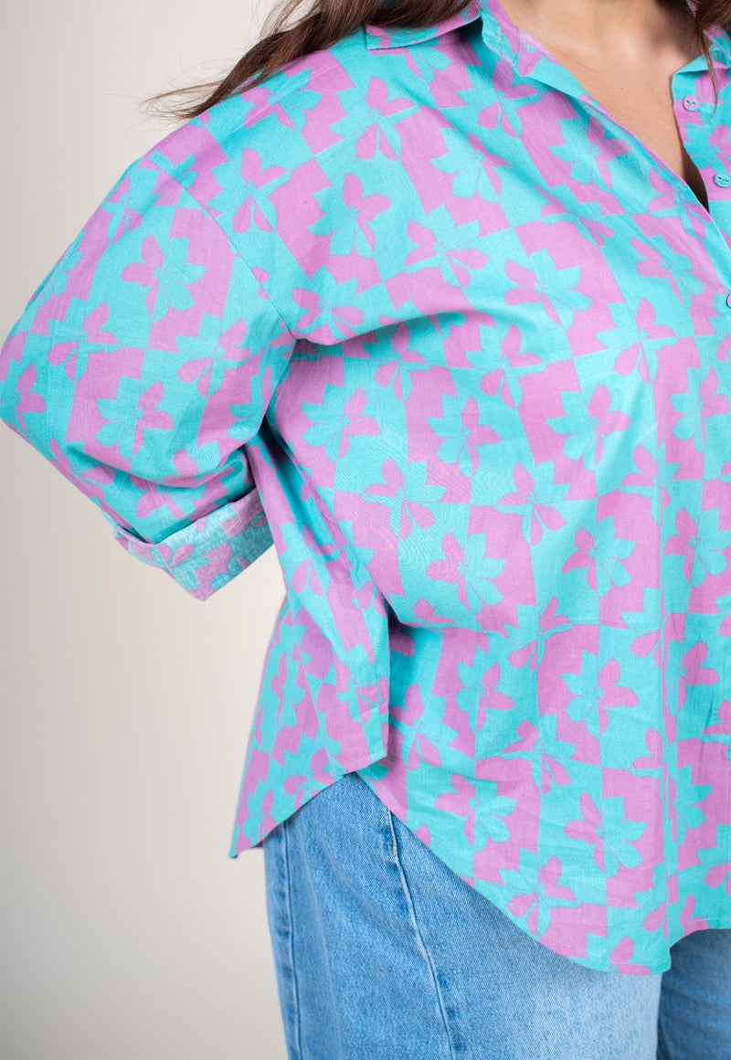Ruhi Aqua Blue Printed Cotton Straight Shirt