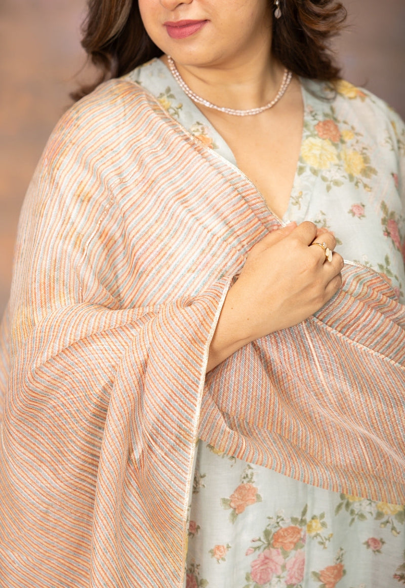 Rosalie Blue Sanganeri Chanderi Silk A Line Kurta with Hand Embroidery and Slip