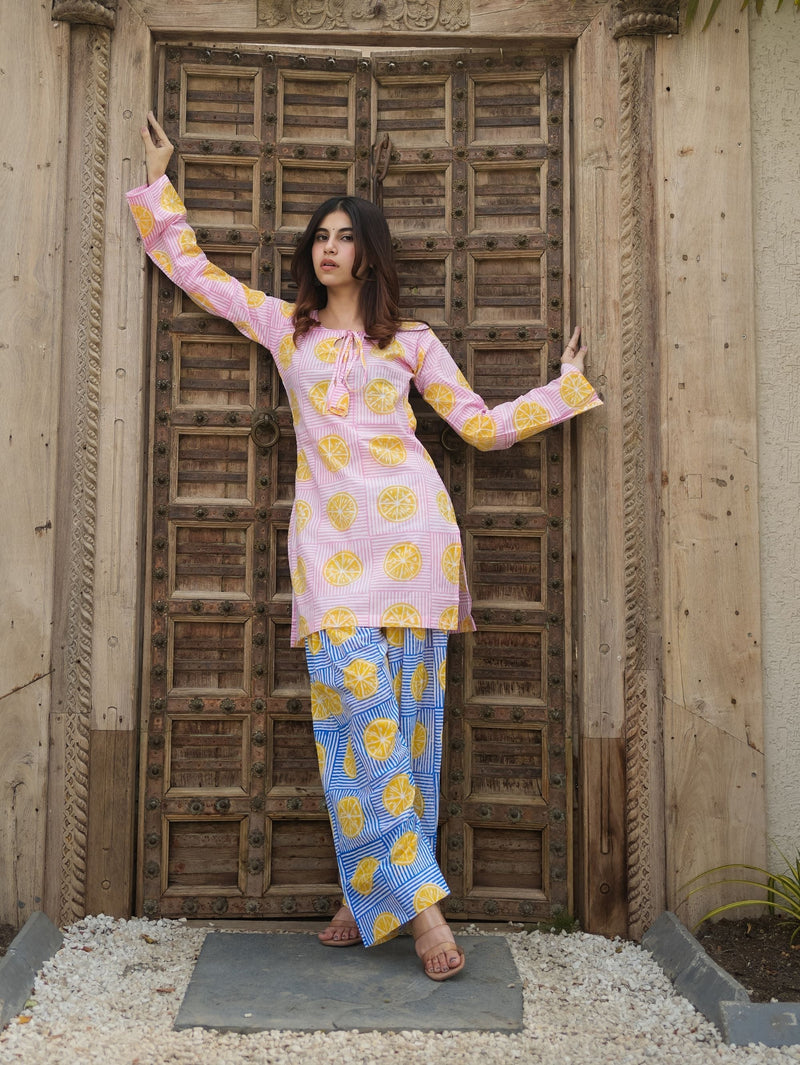 Summer Lemon Sorbet Pink Cotton Kurta Set with Handblock Farshi Salwar