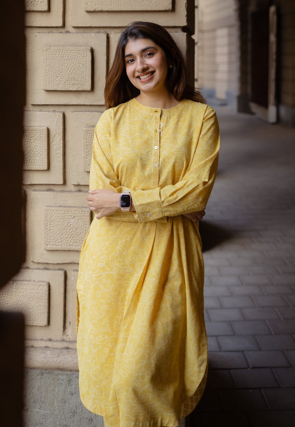 Asma Mustard Hand Block Print Slub Cotton A Line Kurta with Hand Embroidery