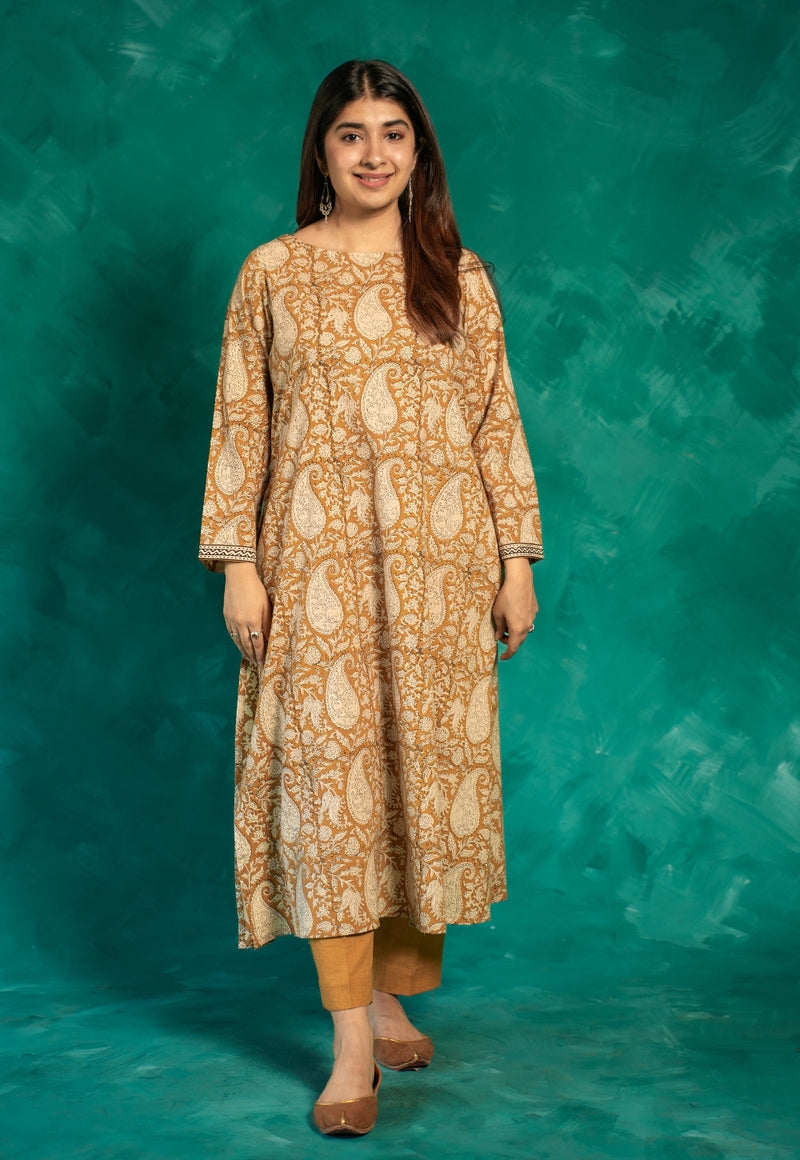 Zasha Yellow Bagru Cotton A Line Kurta