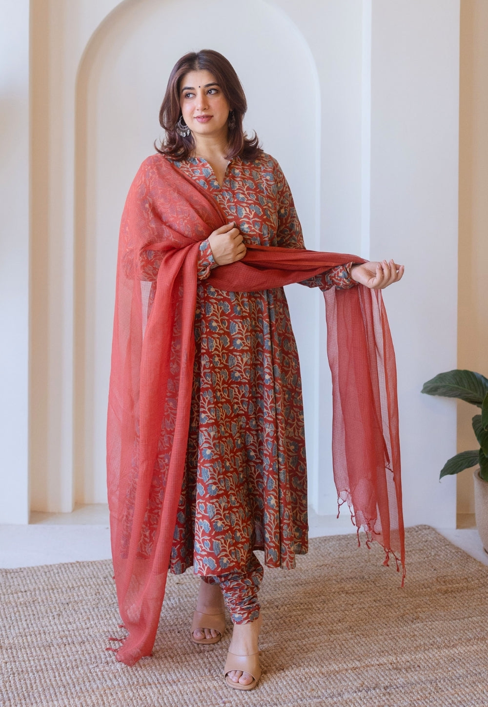 Shinat Red Ajrakh Cotton Kali Kurta with Hand Embroidery