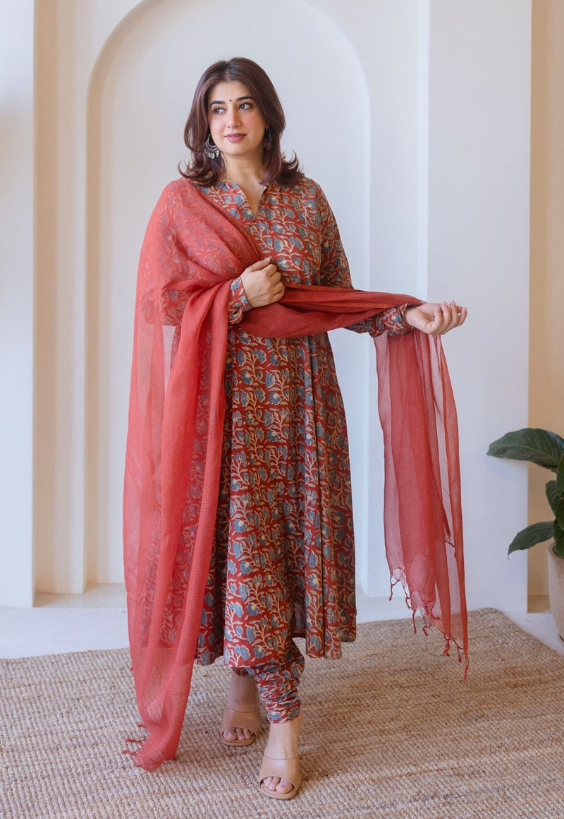 Shinat Red Ajrakh Cotton Kali Kurta with Hand Embroidery
