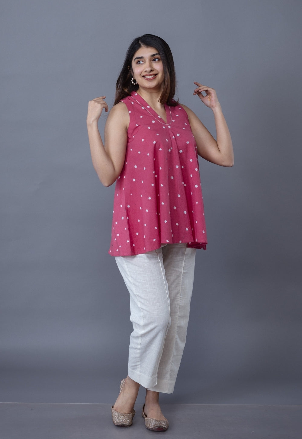 Zivya Pink Bandhani Cotton A Line Short Top
