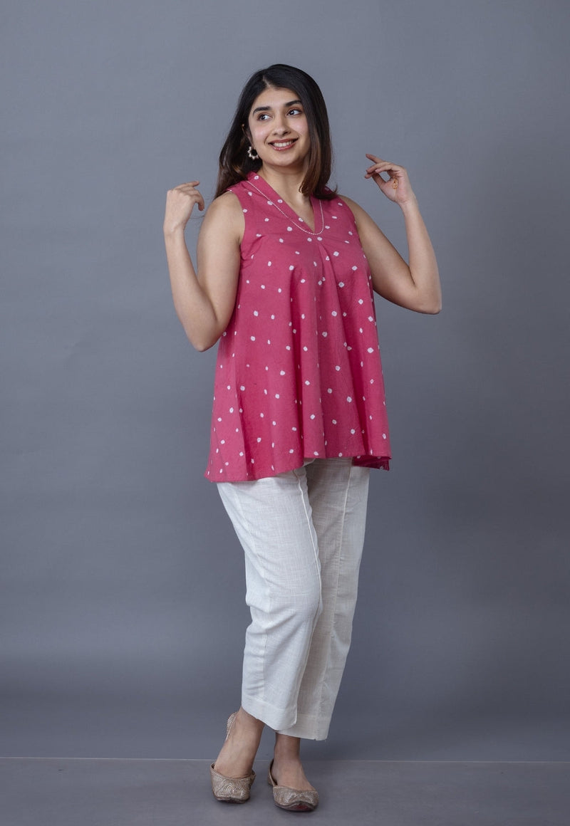 Zivya Pink Bandhani Cotton A Line Short Top