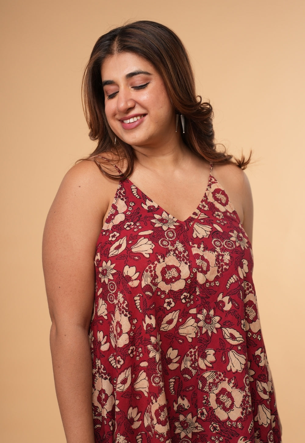 Sonam Red Dabu Slub  Cotton A Line Dress