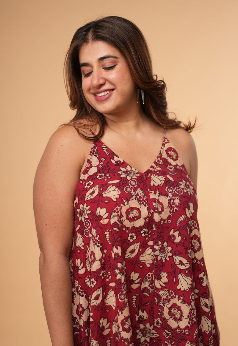 Sonam Red Dabu Slub  Cotton A Line Dress