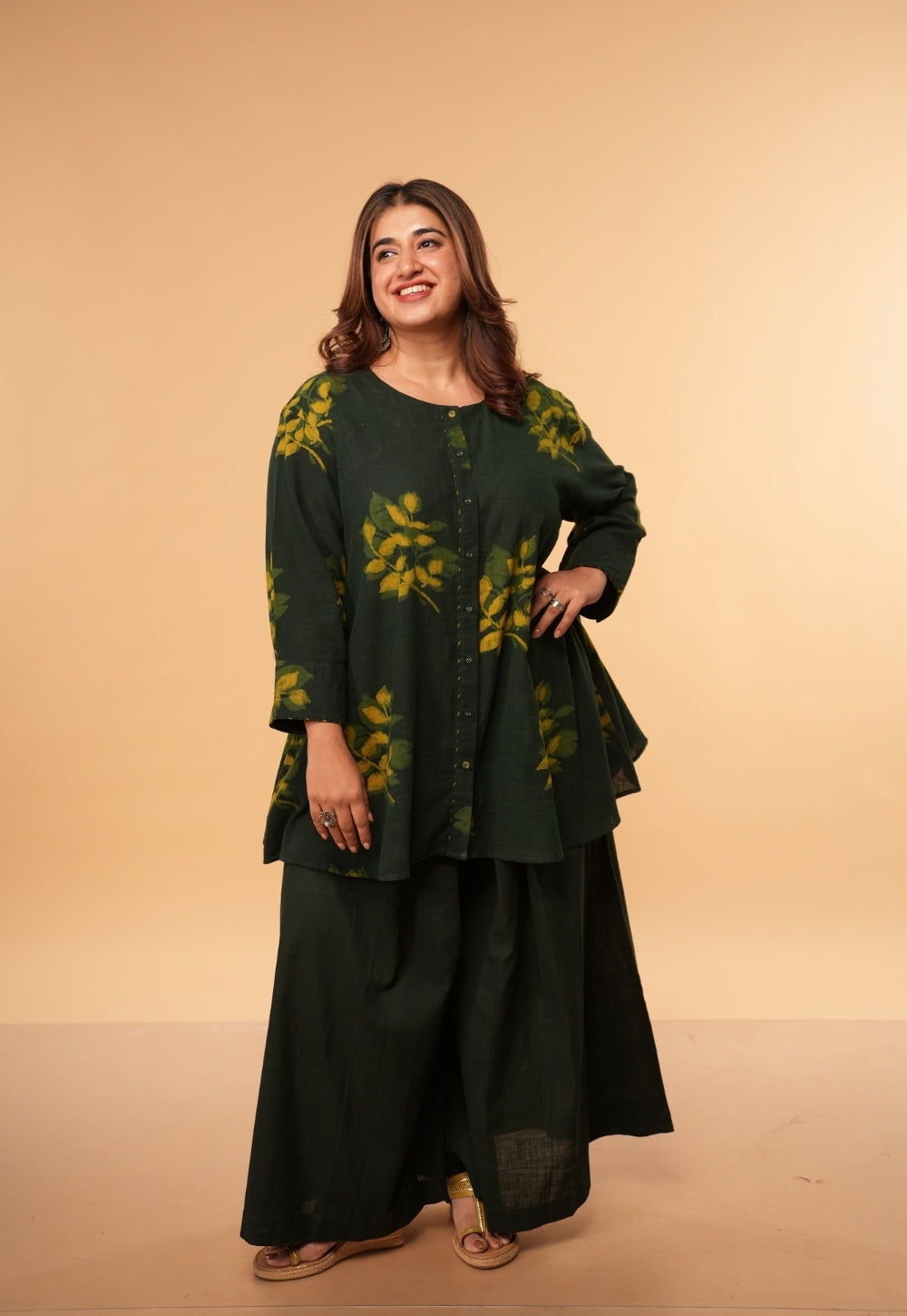 Urva Green Dabu Slub Cotton A Line Short Top