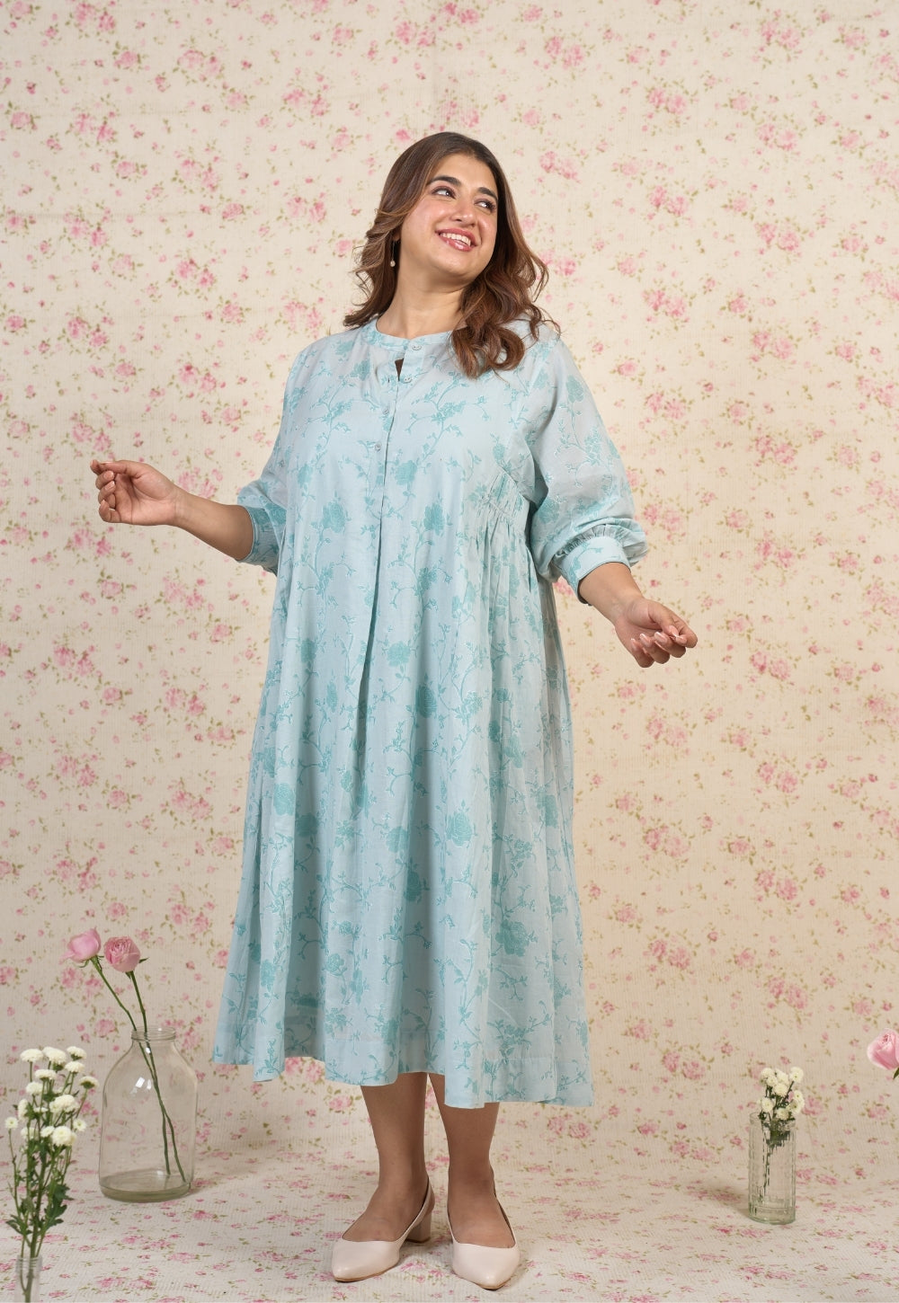 Clara Blue Floral Sanganeri Mul Cotton A Line Dress