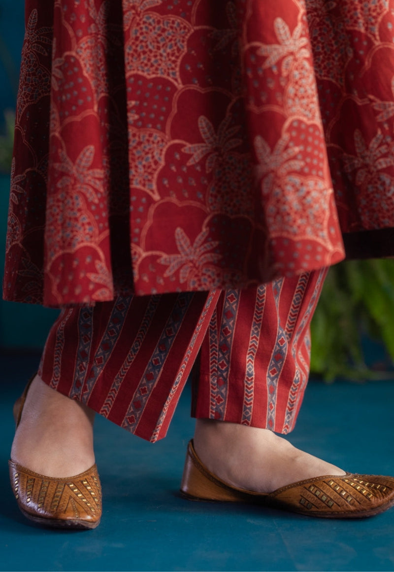 Prita Red Chevron Ajrakh Cotton Narrow Pant