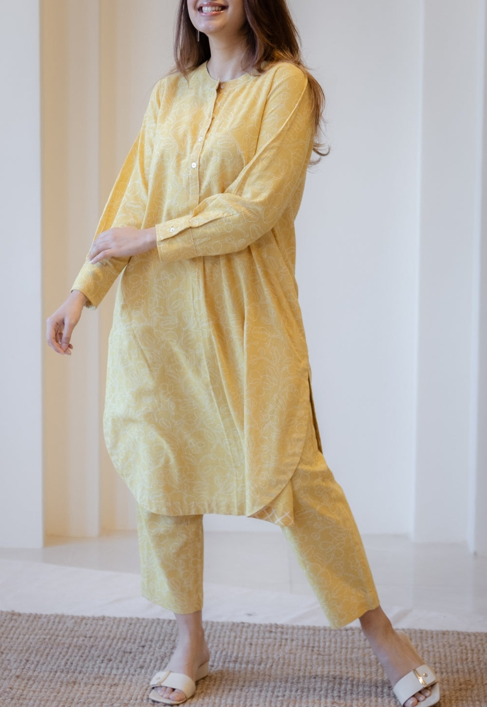 Asma Mustard Hand Block Print Slub Cotton A Line Kurta with Hand Embroidery