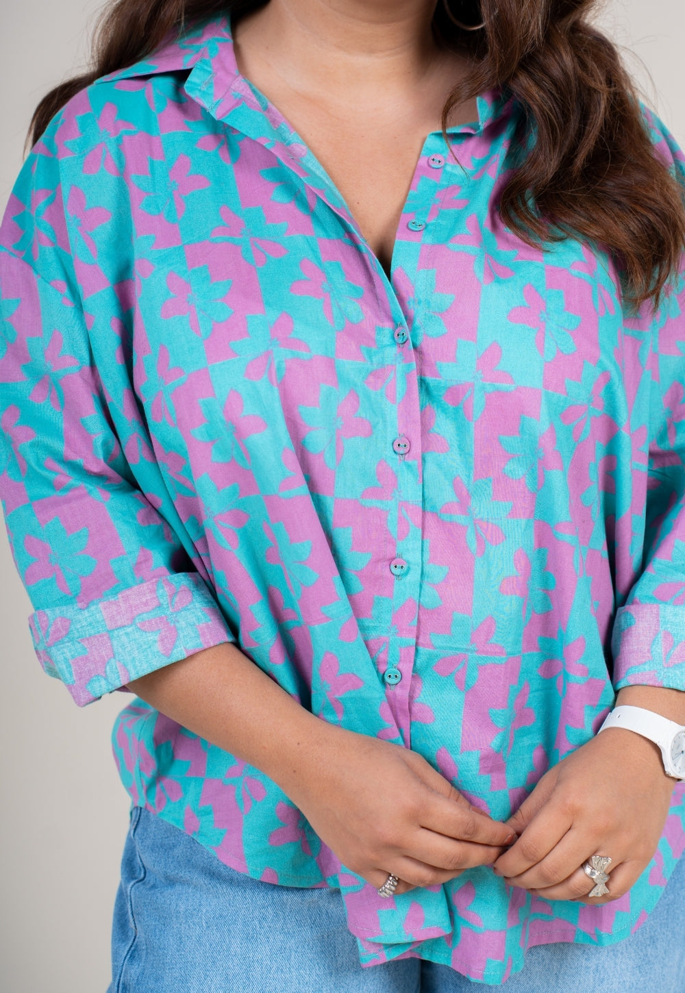 Ruhi Aqua Blue Printed Cotton Straight Shirt