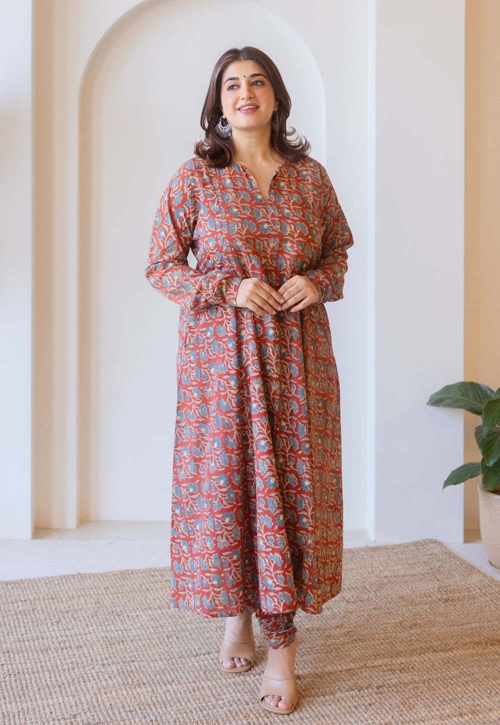 Shinat Red Ajrakh Cotton Kali Kurta with Hand Embroidery