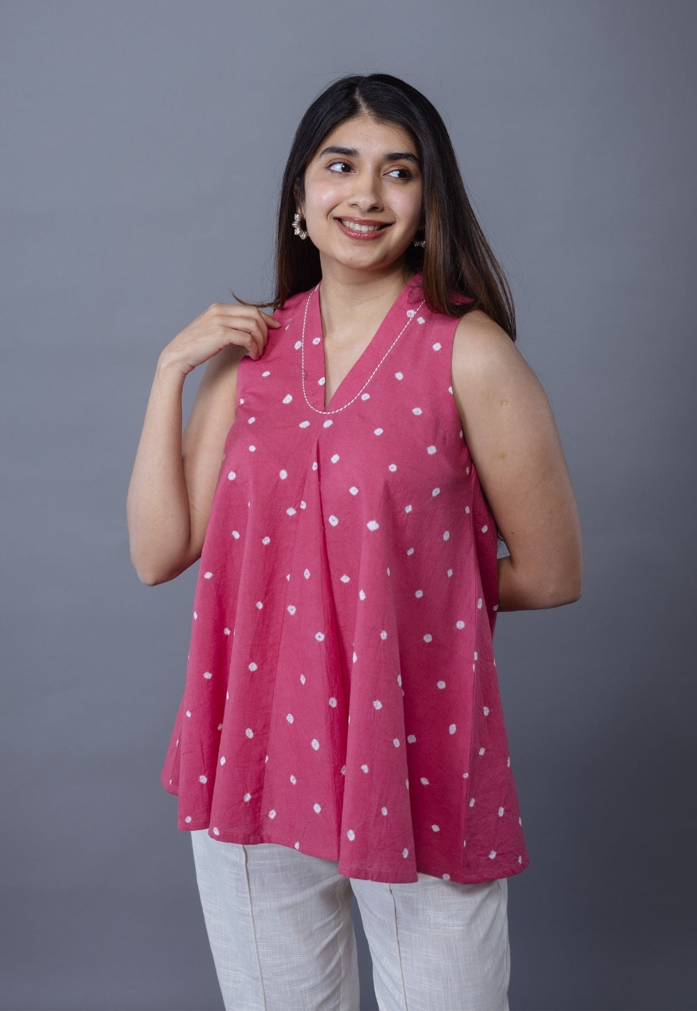 Zivya Pink Bandhani Cotton A Line Short Top