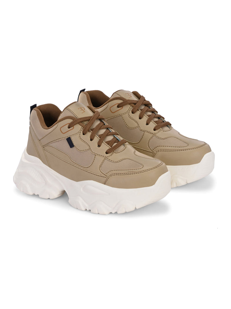 EL PASO Women Beige Faux Leather Casual Lace Up Sneakers-6