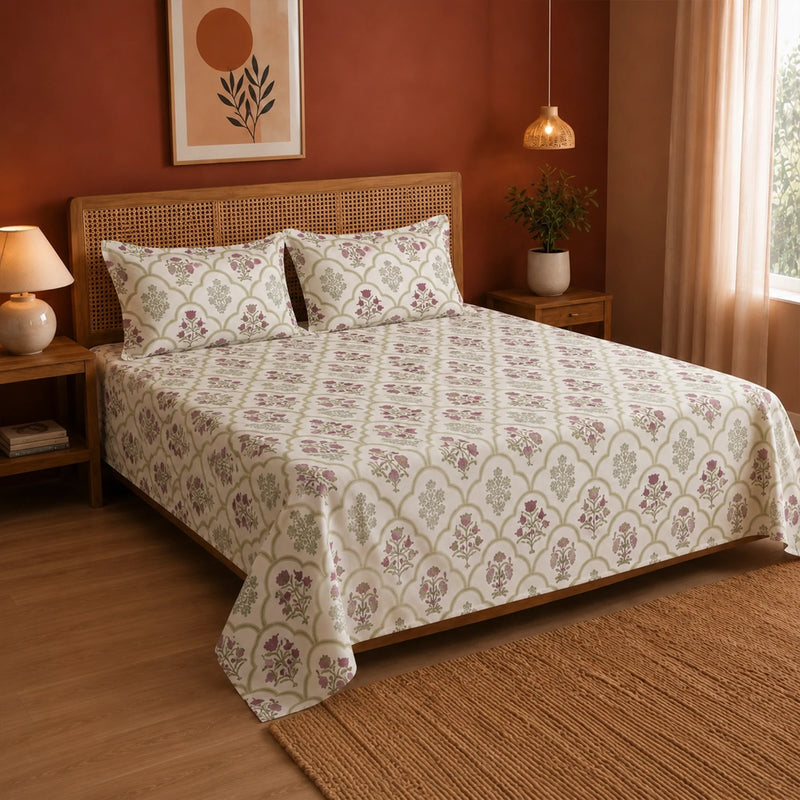 Spring Buds Pink - White Floral Bedsheet-5