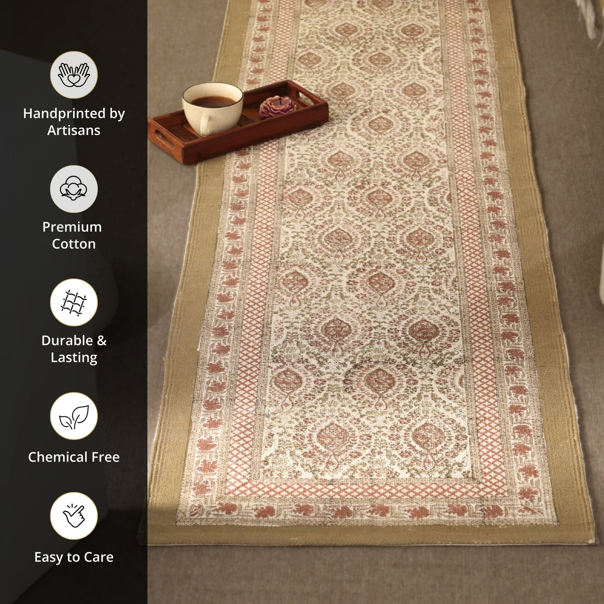 Cotton Floor Rug for Living Room and Bedroom hand block printed in Ivory and Rust Colour | Soft Washable Area Rug