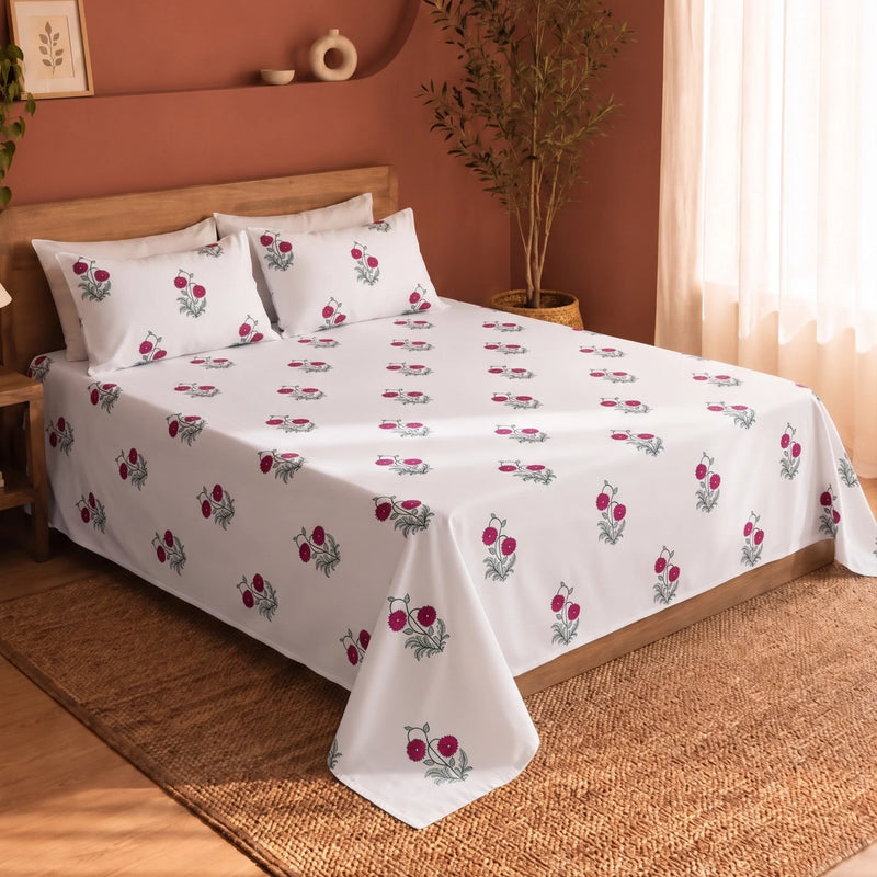 Red Rose - Floral Bedsheet (White & Red)-9