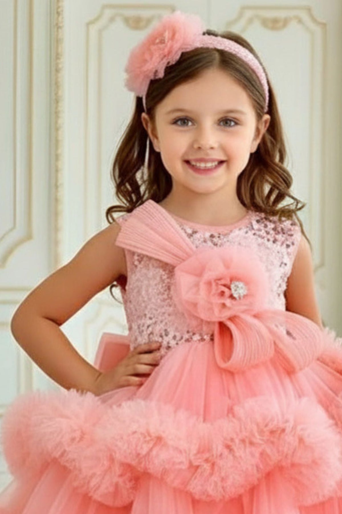 Girls Peach Sequin Embellished Party Frock with Tulle Layers and Floral Detail