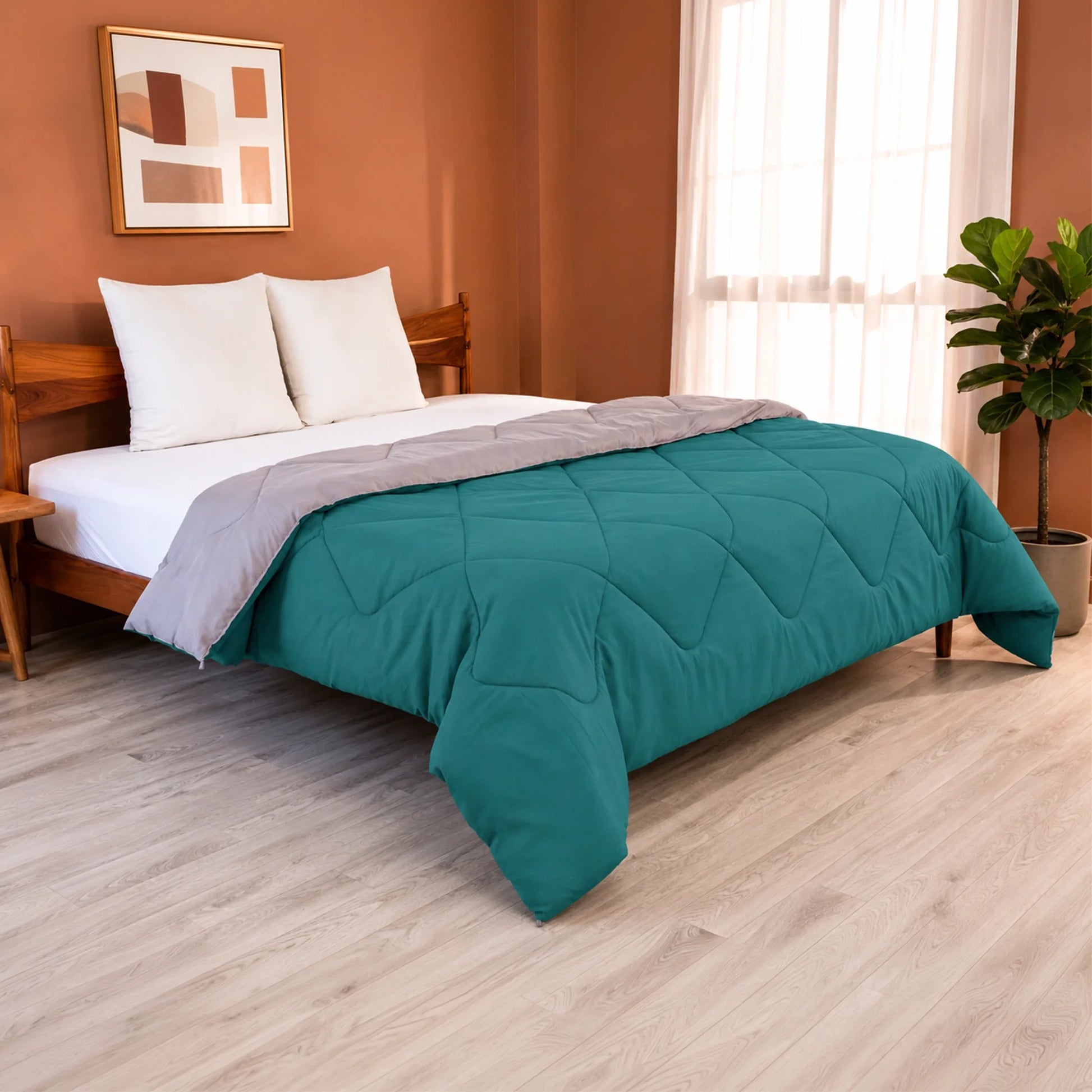 Fort - Box Stitch Duvet Comforter (Teal & Light Grey)-7