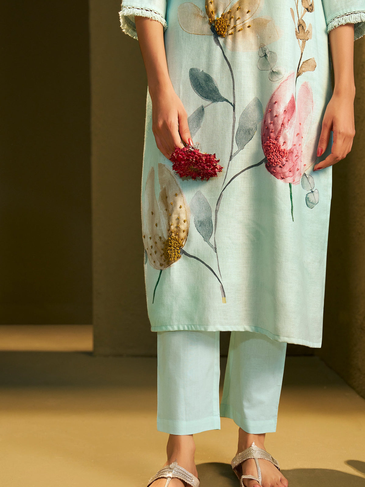Charvi Sea Green Linen Printed Set