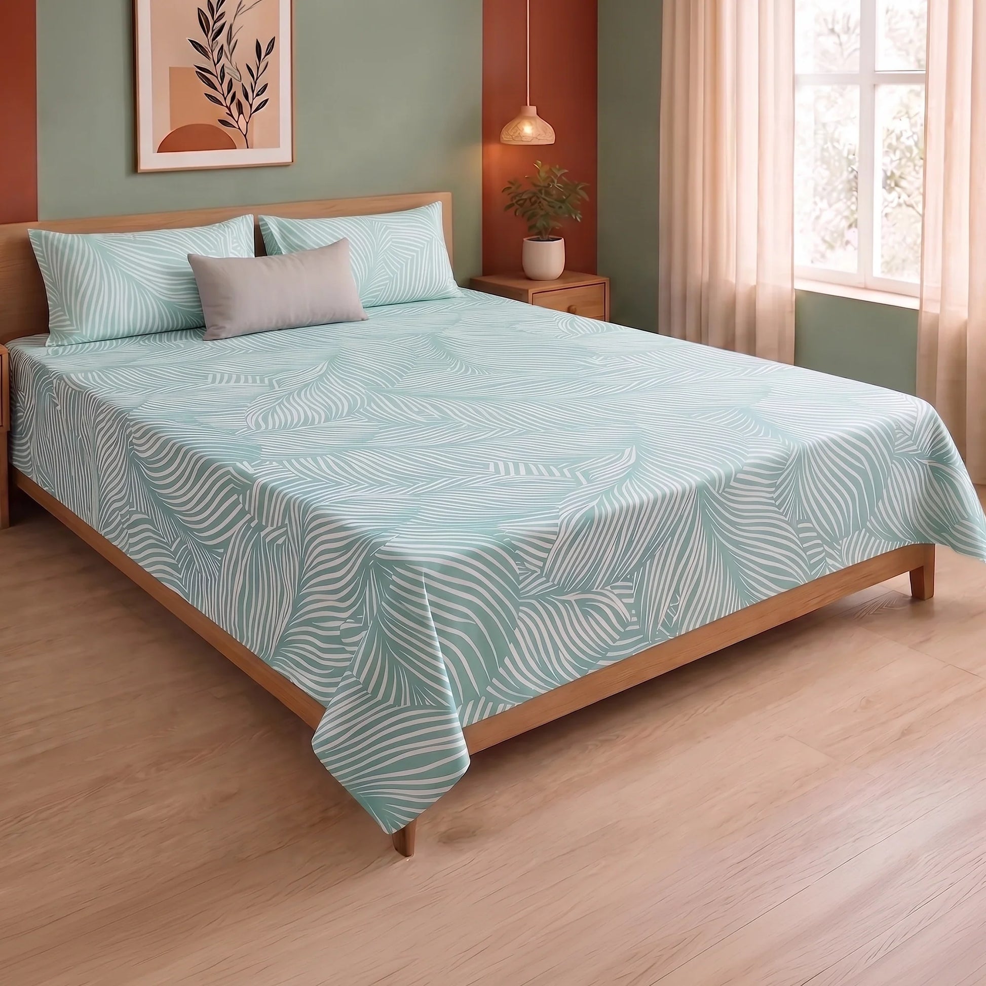 Mint Green Feather - Bedsheet (Green & White)-7
