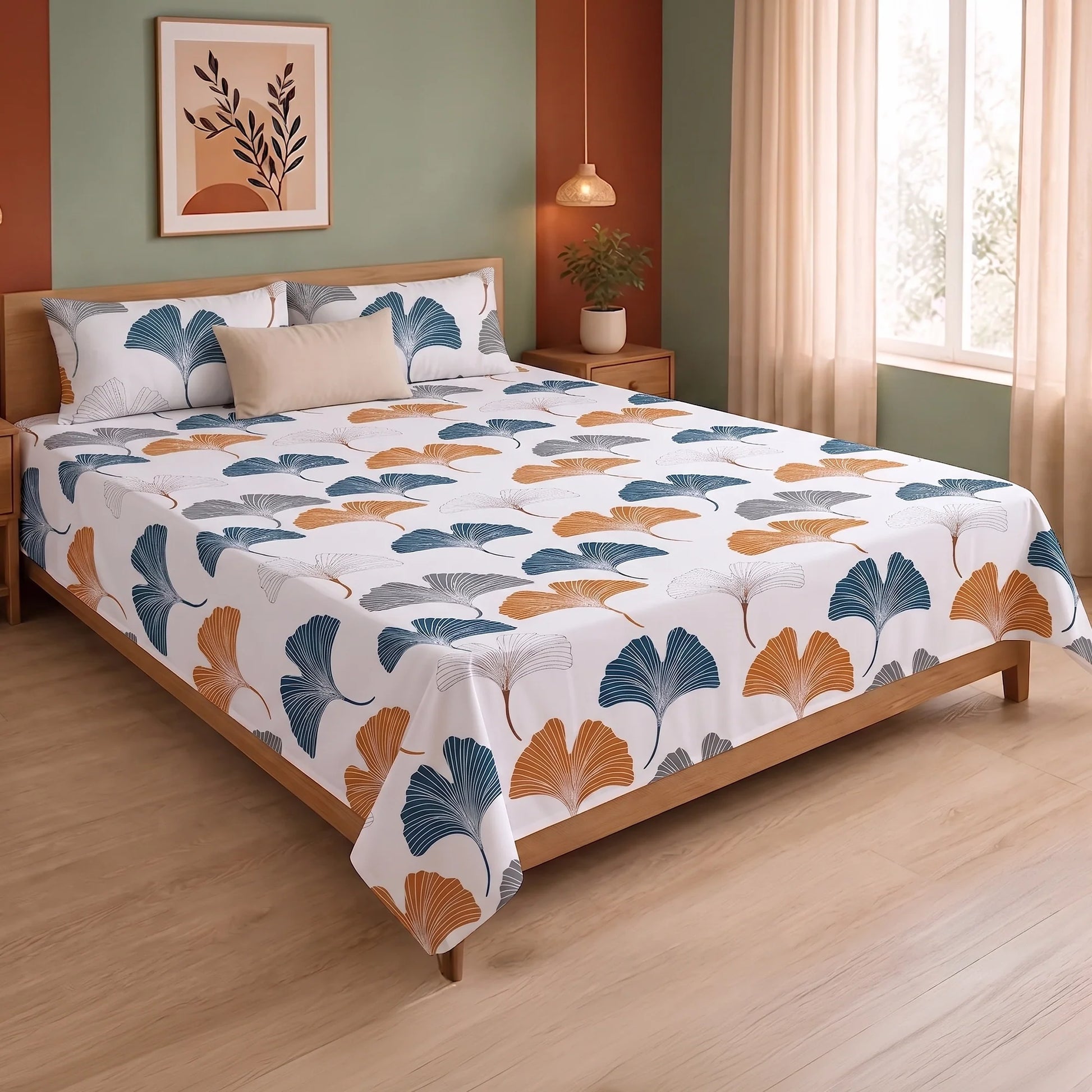 Imprimer Ginkyo - Floral Printed Bedsheet (Mustard & Grey)-7