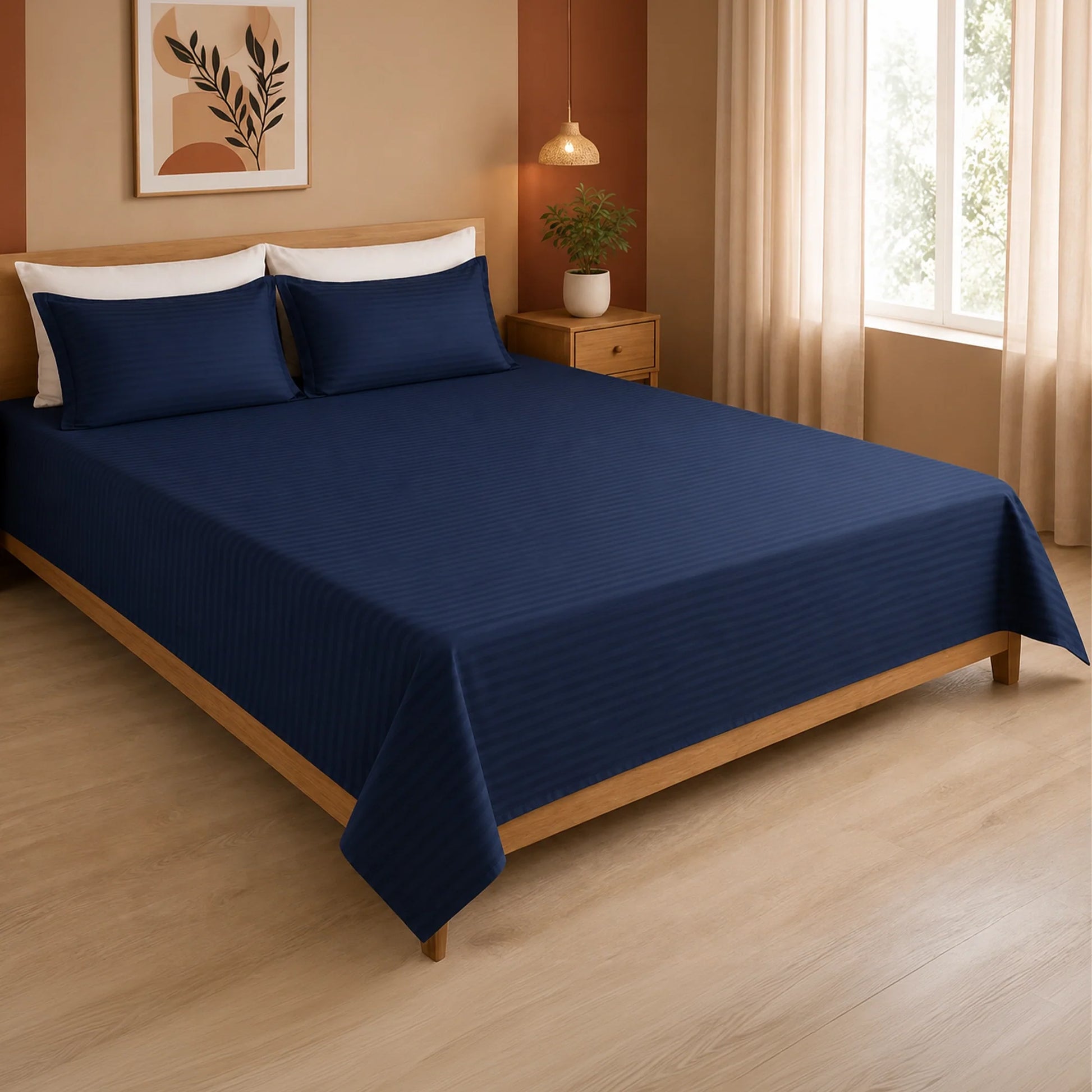 Breton Nap - Satin Stripes Bedsheet (Dark Blue)-7