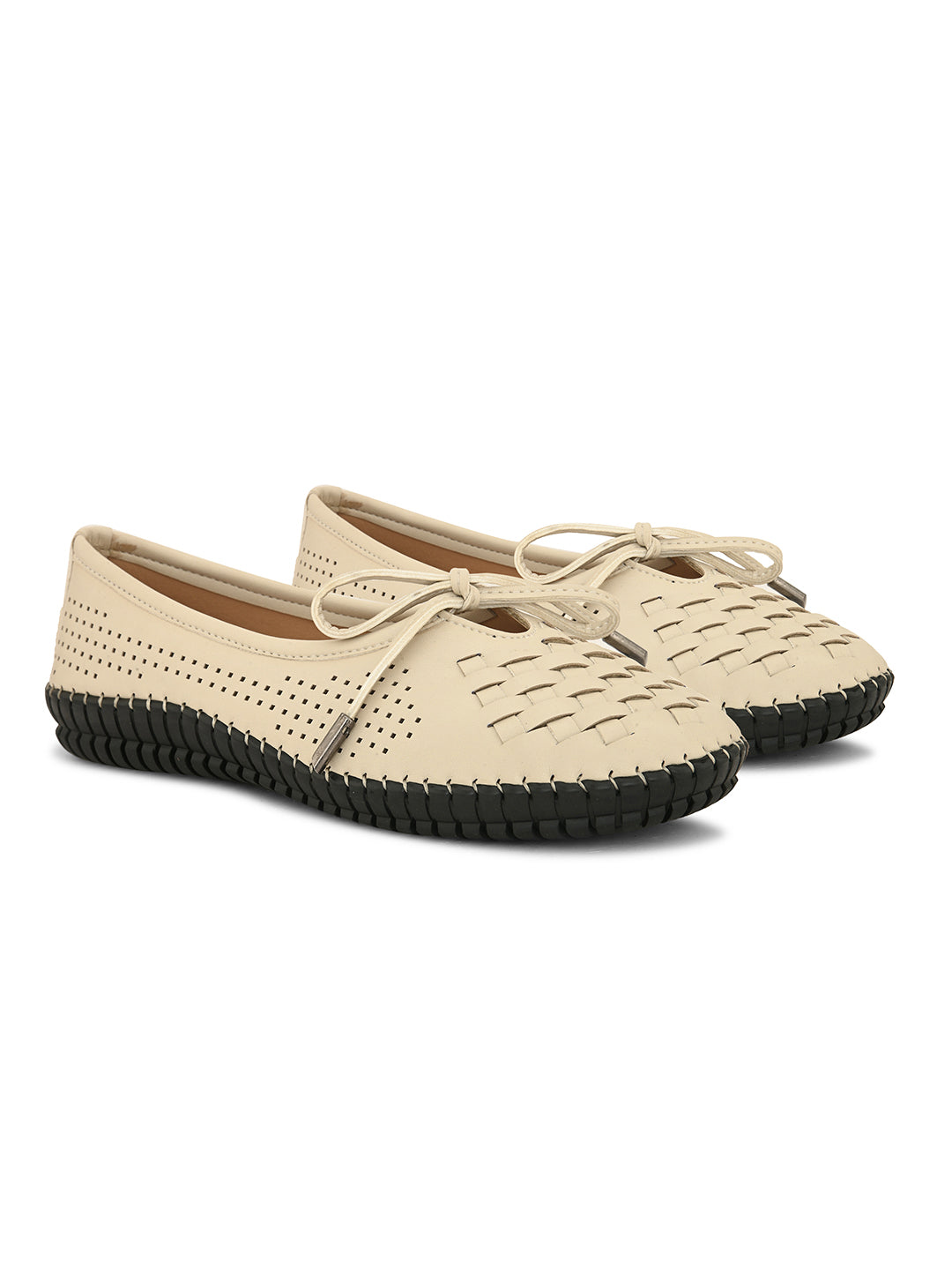 A beige Women Bows Ballerina Flats with a perforated and woven upper, round toe, metallic-tipped bow detail, and a flexible black rubber outsole for comfort and casual wear.