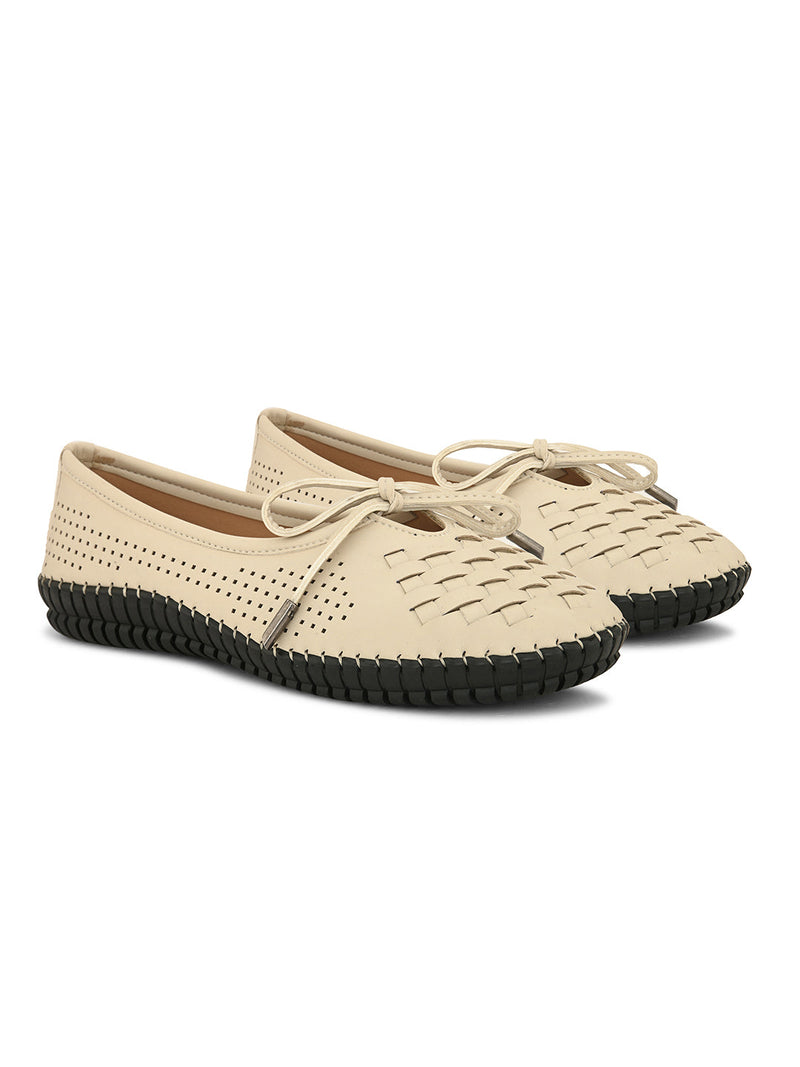 A beige Women Bows Ballerina Flats with a perforated and woven upper, round toe, metallic-tipped bow detail, and a flexible black rubber outsole for comfort and casual wear.
