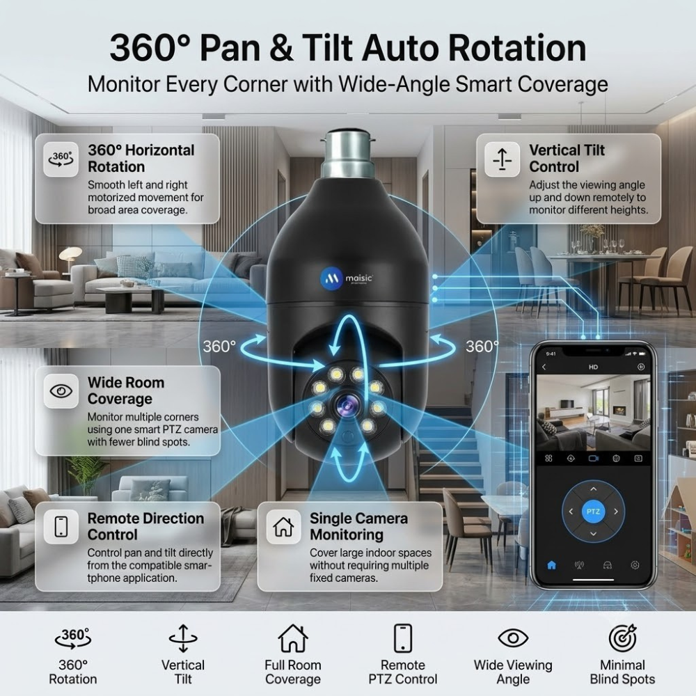 Maizic Smarthome Black smart indian Bulb Holder CCTV Camera 3MP | 360° Auto Rotation | WiFi Indoor Security Camera | AI Human Detection | Motion Detection | Color Night Vision | Two-Way Audio