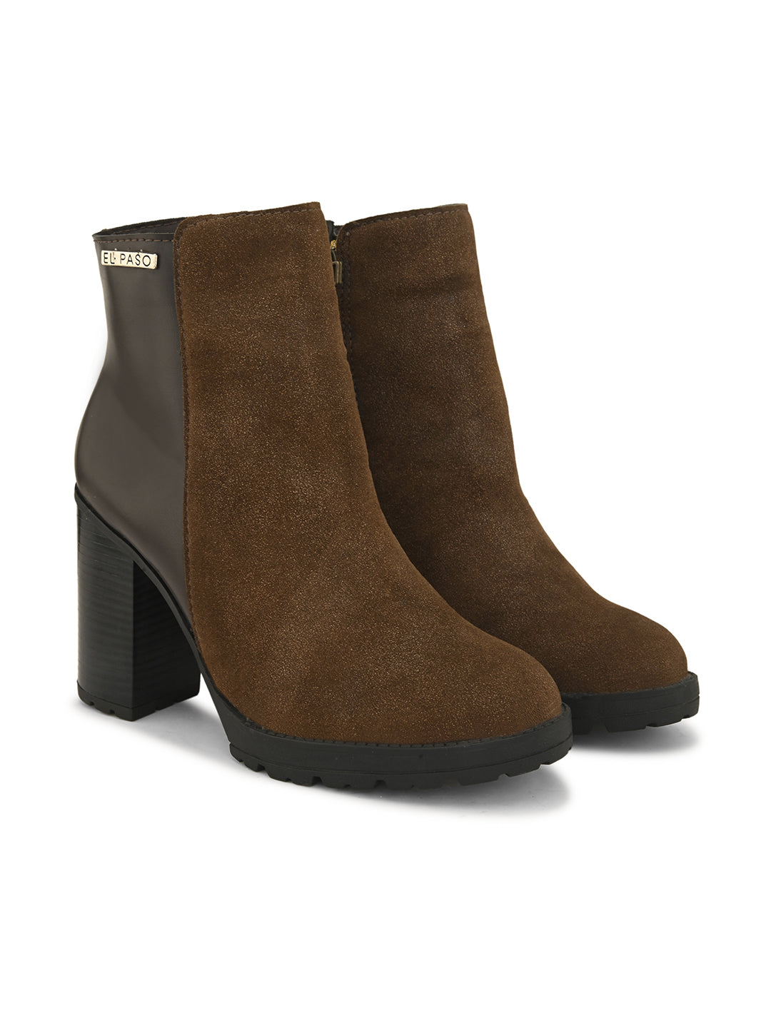 Brown suede ankle boots with a block heel, plus mid-top leather slip-on boots for versatile style and comfort.