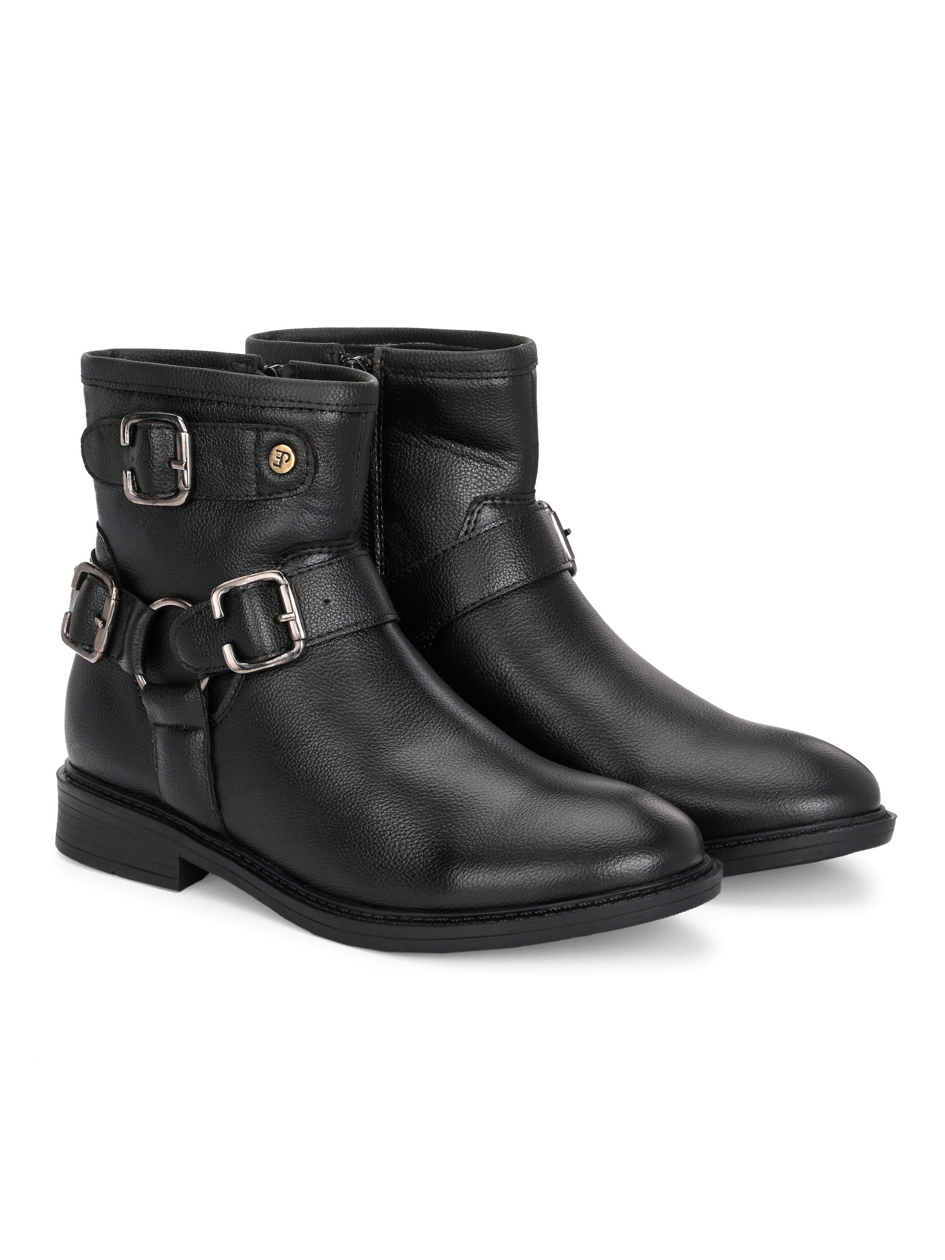 Women Black leather ankle-length boot with silver buckle accents and a low heel, perfect for casual or semi-formal wear.