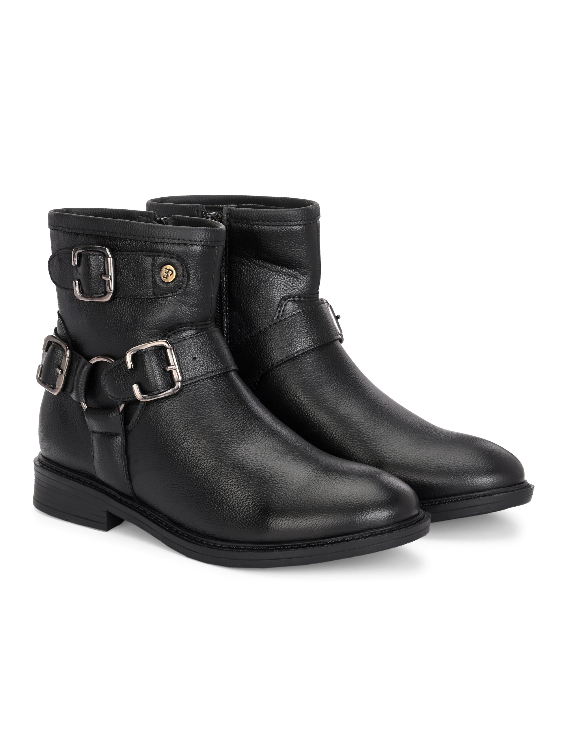 Women Black leather ankle-length boot with silver buckle accents and a low heel, perfect for casual or semi-formal wear.