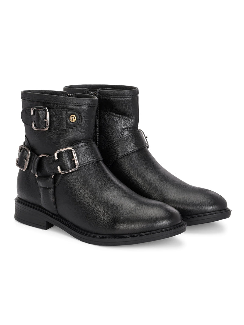 Women Black leather ankle-length boot with silver buckle accents and a low heel, perfect for casual or semi-formal wear.
