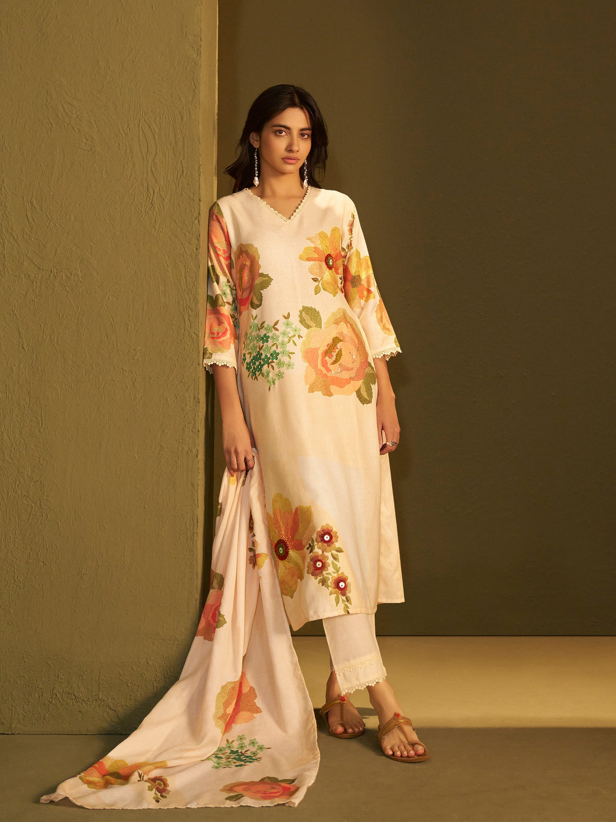 Ananya Beige Linen Printed Set