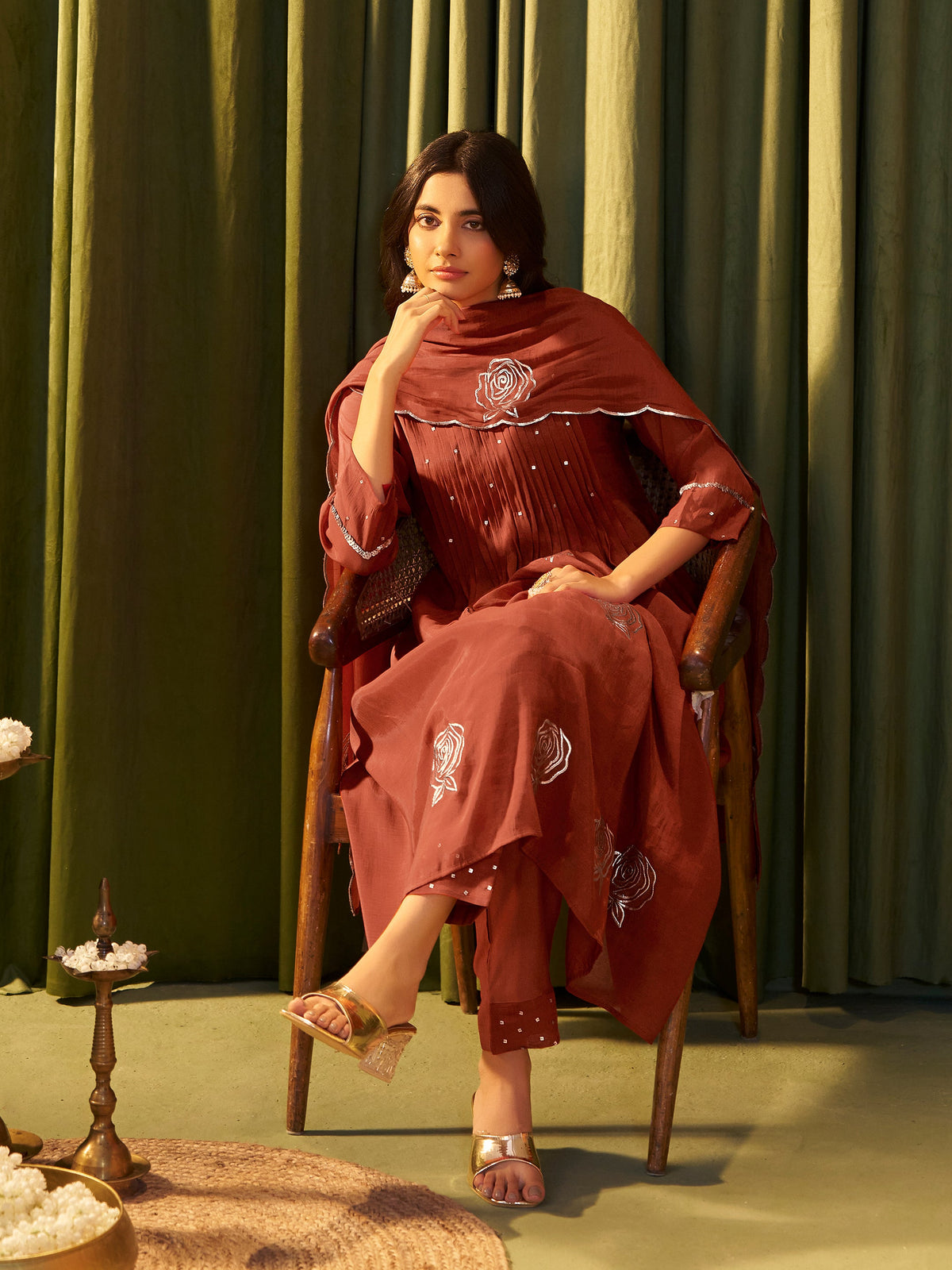 Advika Maroon Mul Chanderi Suit Set