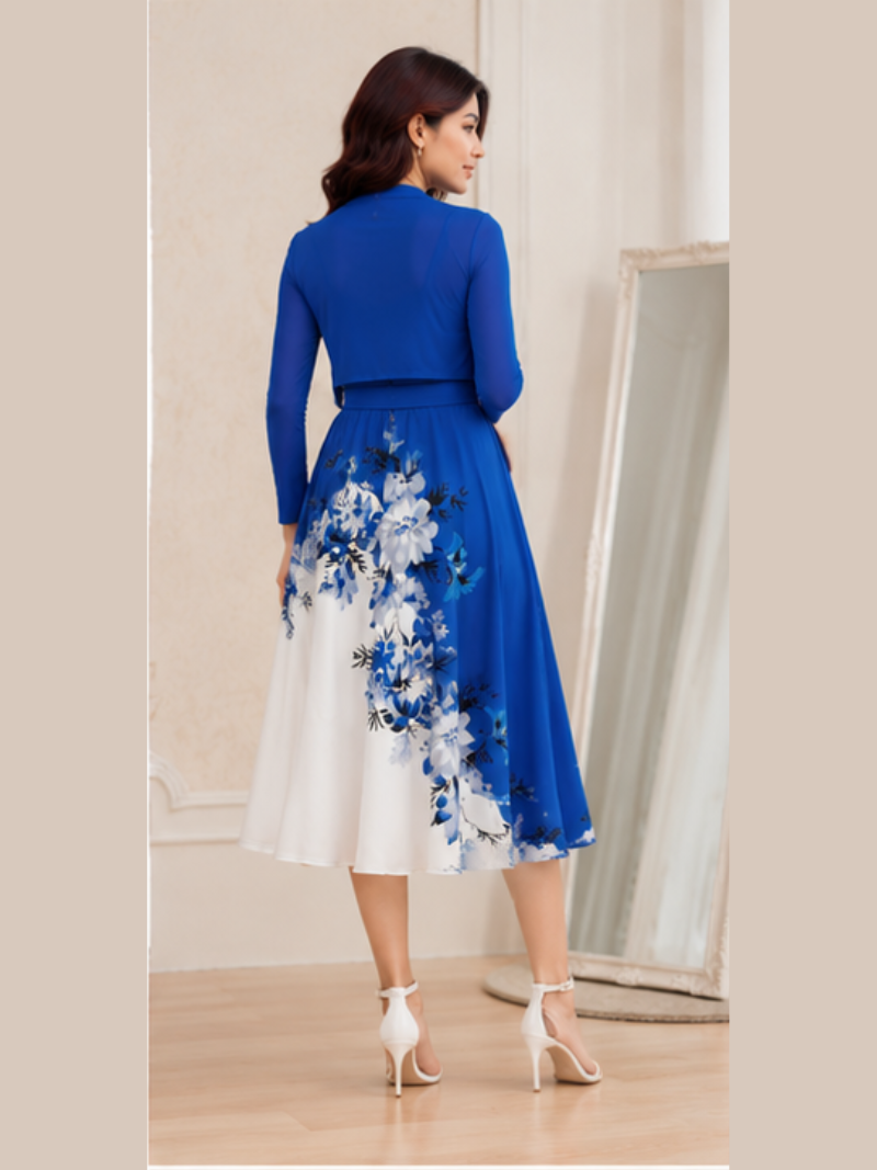 Amara Floral Midi Dress with Shrug | Blue Cardigan Jacket with Floral Suspender Dress Set
