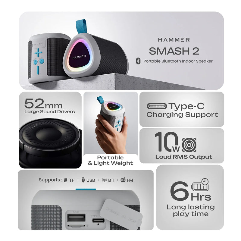 HAMMER Smash 2 10W Bluetooth Speaker, USB/TF/FM, TWS Function, Multi-Color LED Modes (White)-7