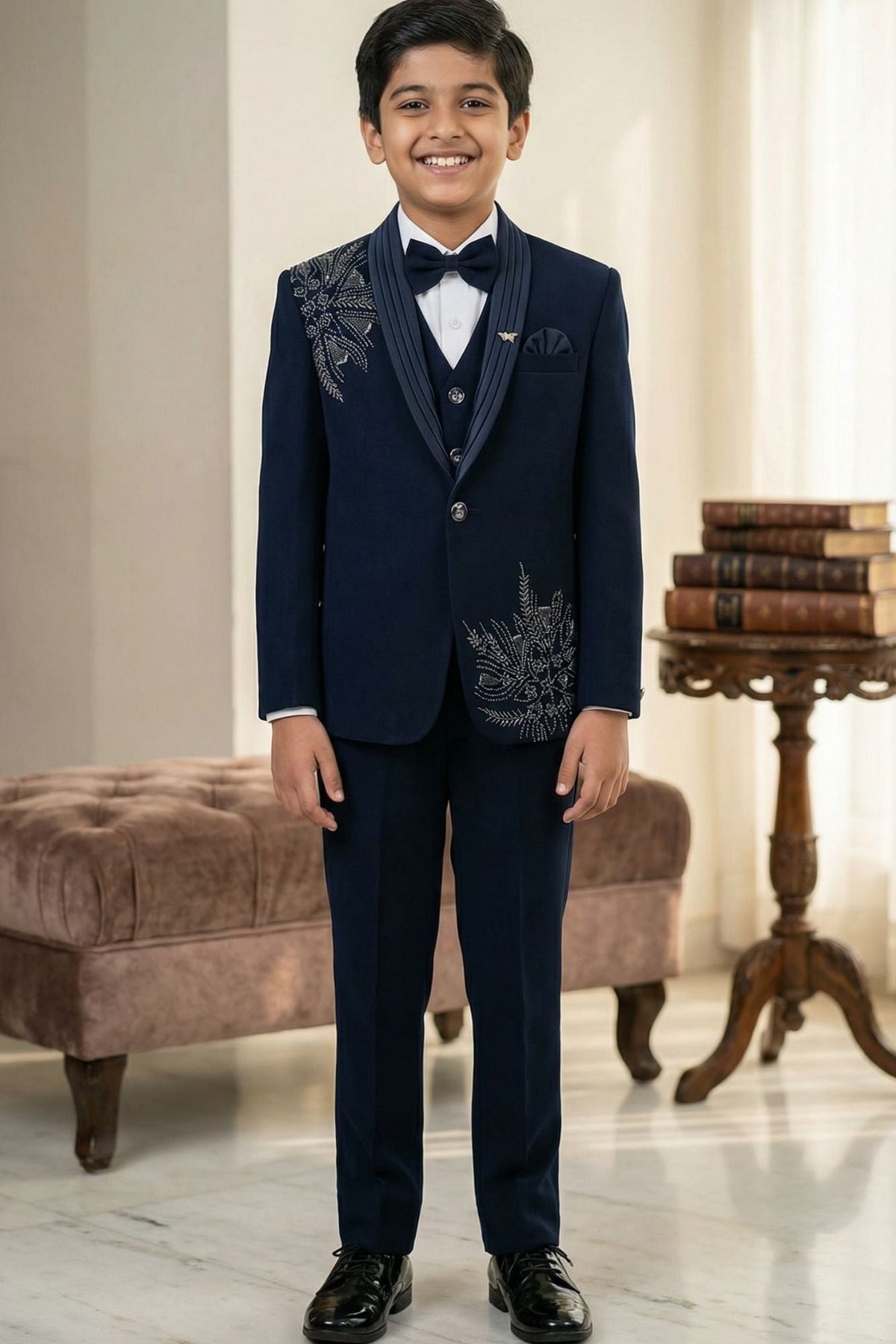 Navy Blue Embroidered 5-Piece Suit Set For Boys