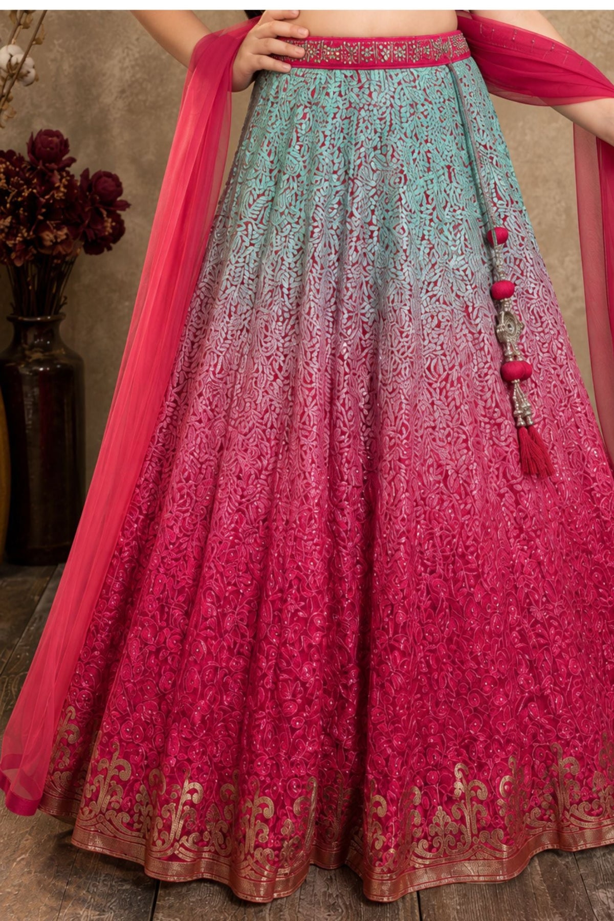 Pink and Aqua Mirror embroidered Lehenga Choli Set with Dupatta