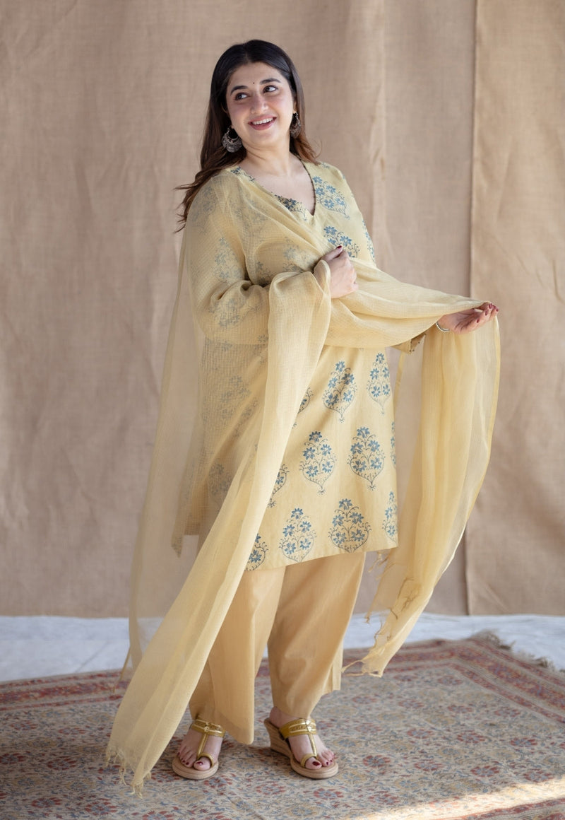 Kavya Yellow Ajrakh Cotton Straight Kurta with Hand Embroidery