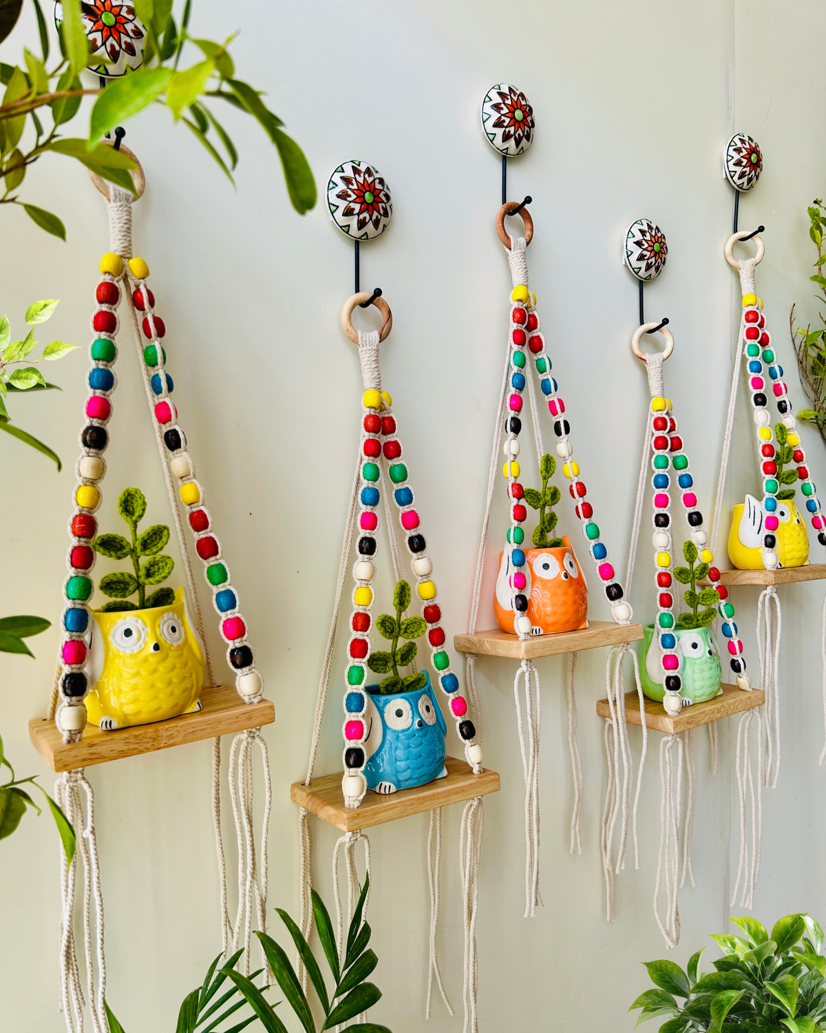 Colorful Macrame Beaded’ Mini Wall Shelves with ceramic hooks and ceramic owl planters